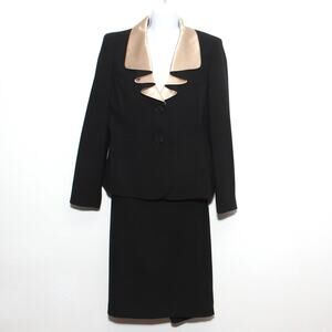 Vintage LeSuit Satin Ruffle Collar Black Suit skirt set Size 8